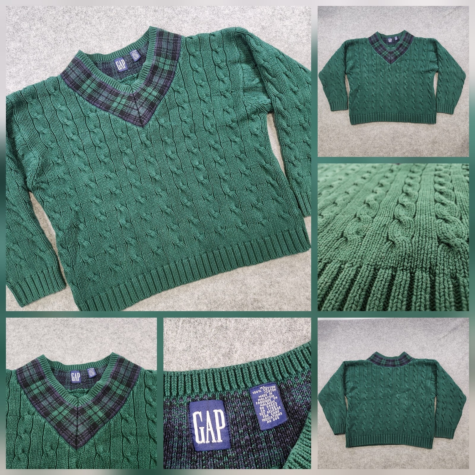 Vtg Gap Sweater Womens Xl Green Cable Knit Plaid V Neck Cotton Pullover Preppy